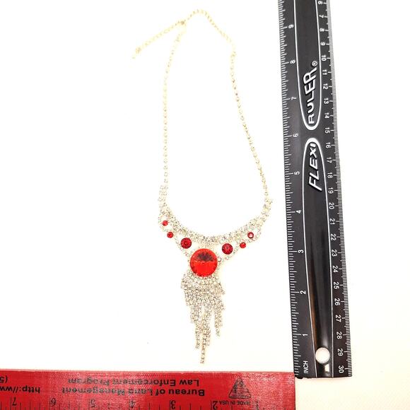Rhinestone Necklace/Earring Set Red Clear Rhinestones Bib Style Silver Tone - Picture 4 of 6